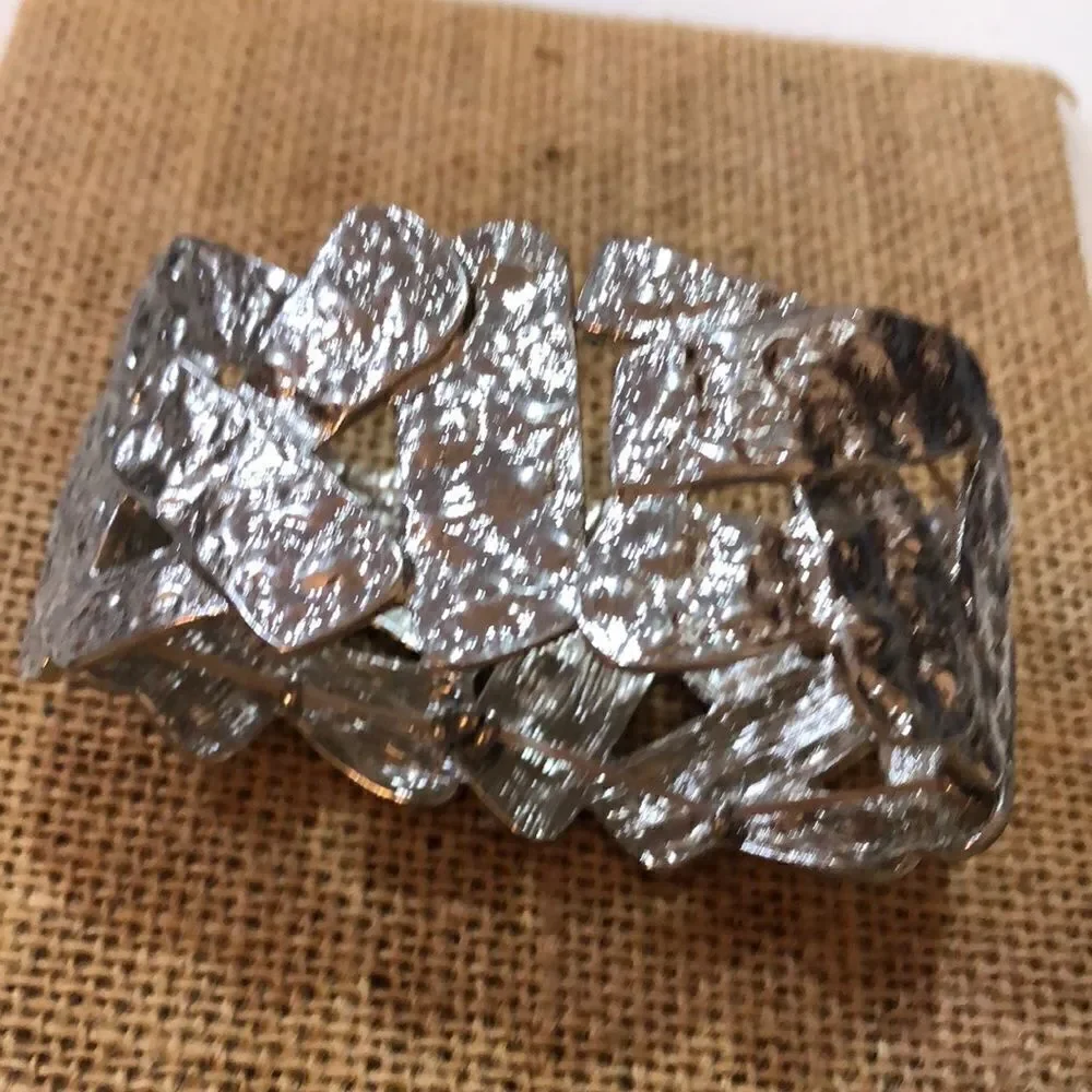 Silver tone wide stretch bracelet hammered